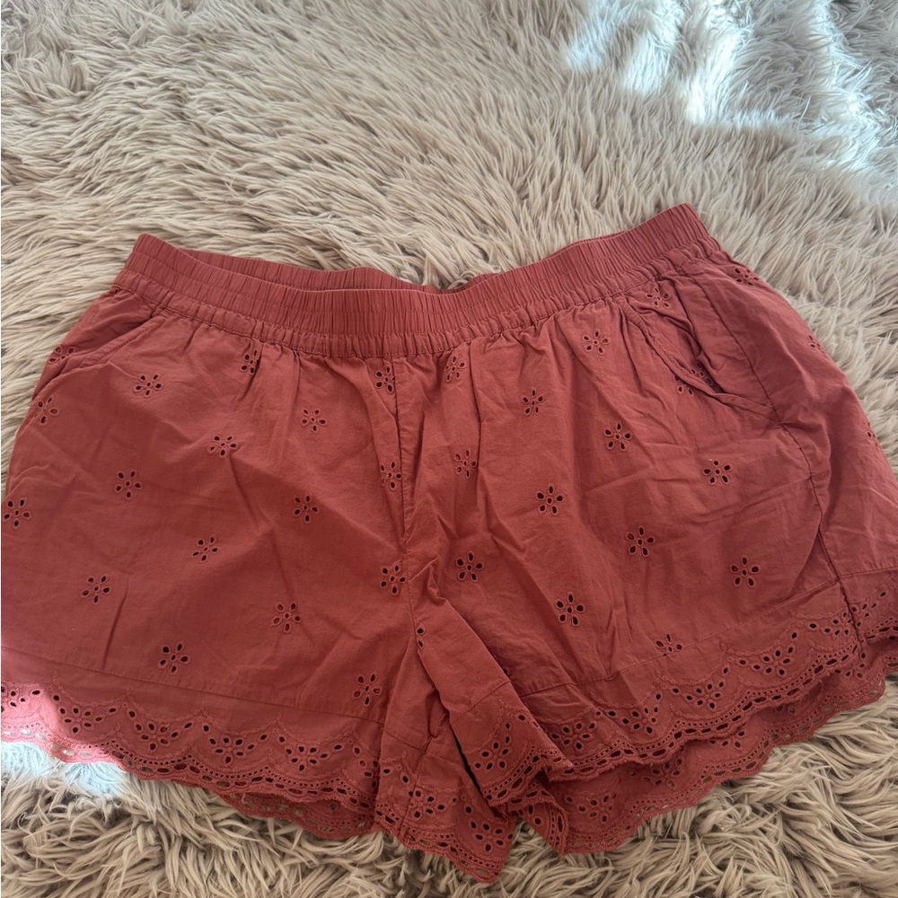 Maurices High Waist Eyelet Lace Trim Shorts - Rust